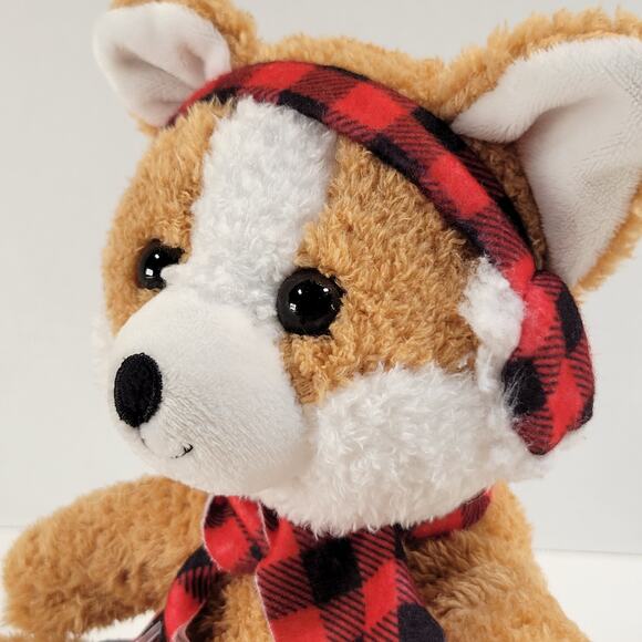 Light Brown Dog Plush Stuffed Animal 7" Red Plaid Earmuffs Scarf Soft Toy Corgi - Picture 4 of 15